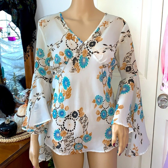 Vintage 90's bell sleeve blouse tunic top S M - Picture 2 of 11
